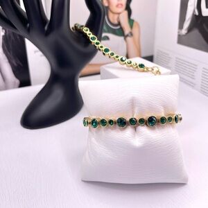 Green Crystal Bracelet, Gold Plated Tennis Green Bracelet